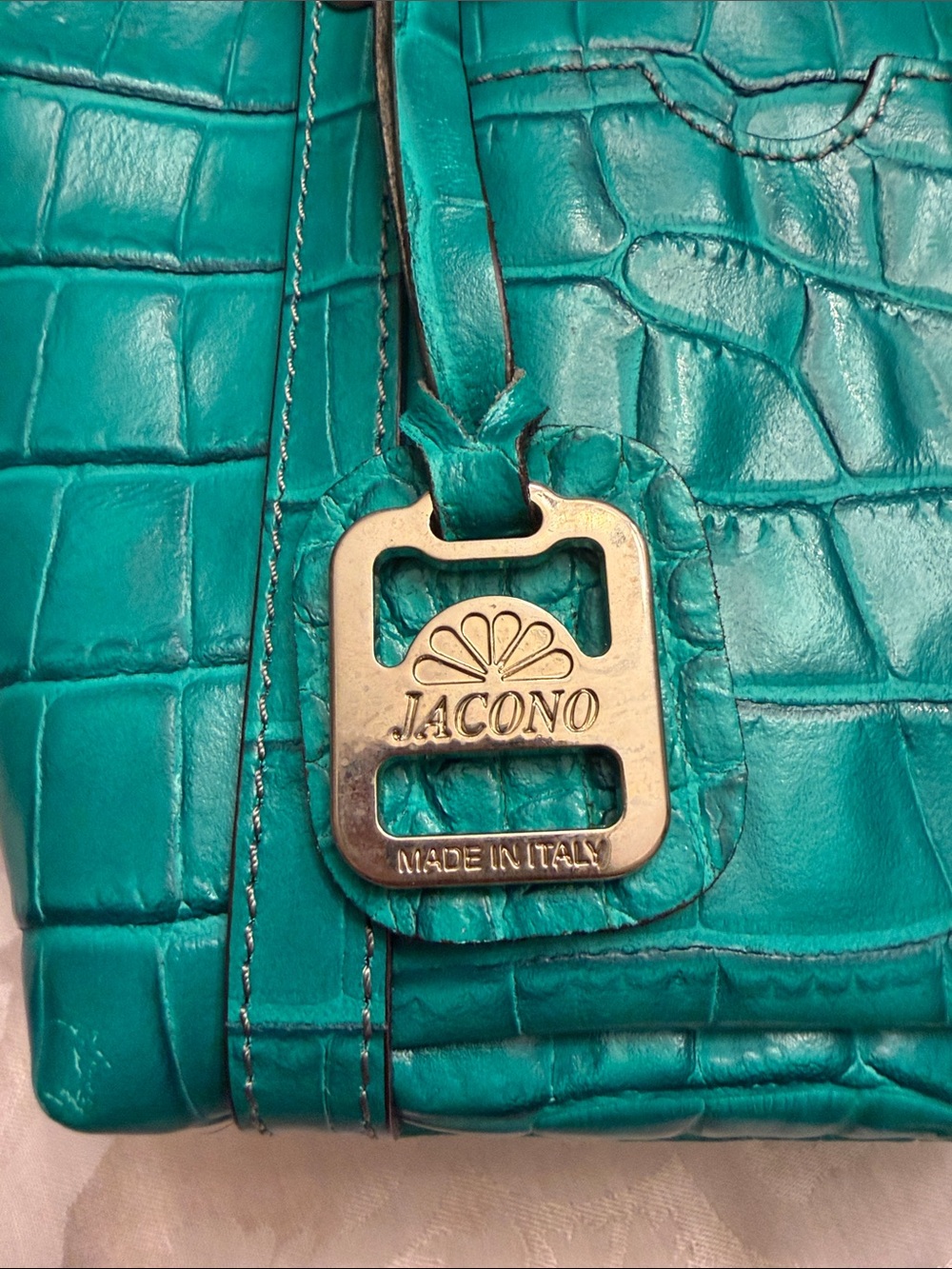 Teal Croc-Embossed Italian Leather Mini Tote with Crossbody Strap - Picture 2 of 7